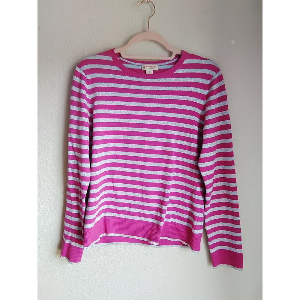 Brooks Brothers Magenta Pink & Metallic Silver Stripe Crewneck Sweater M